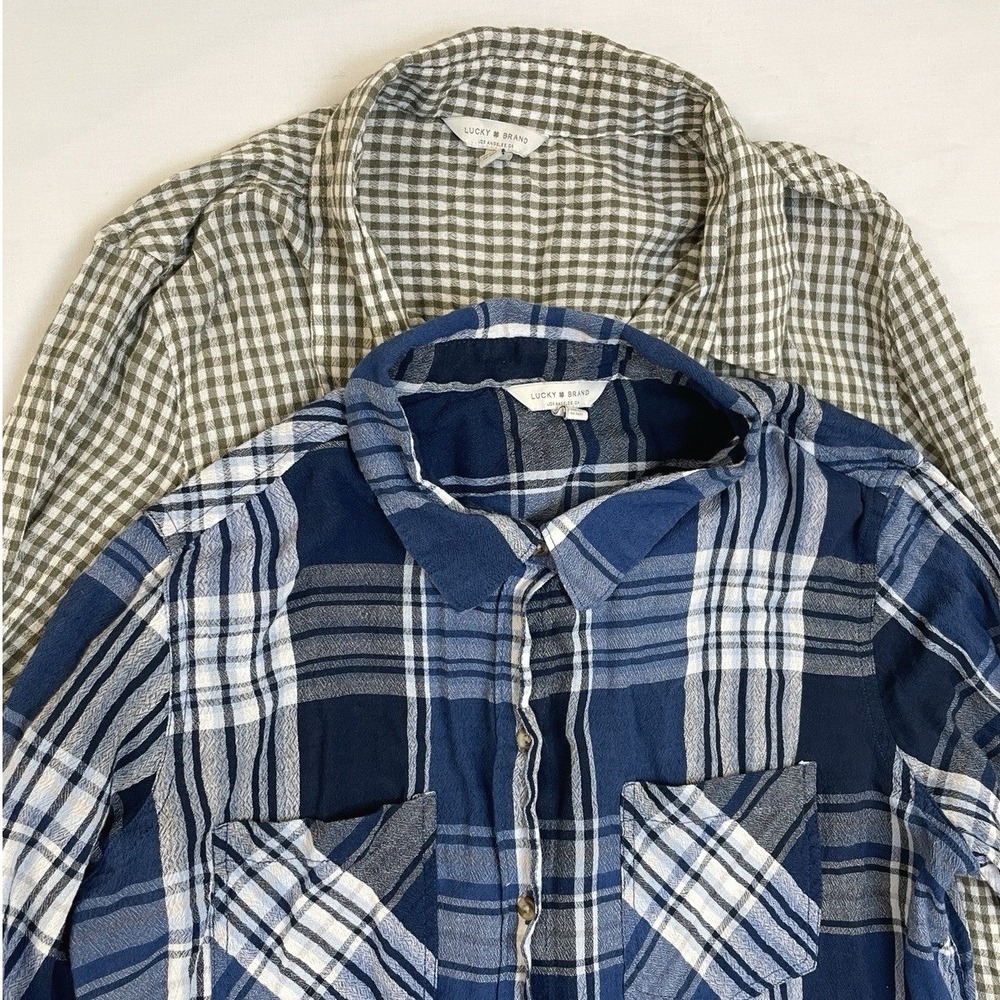 Lucky Brand Womens Long Sleeve Button Up Lightweight Plaid Shirt Bundle of 2 Med